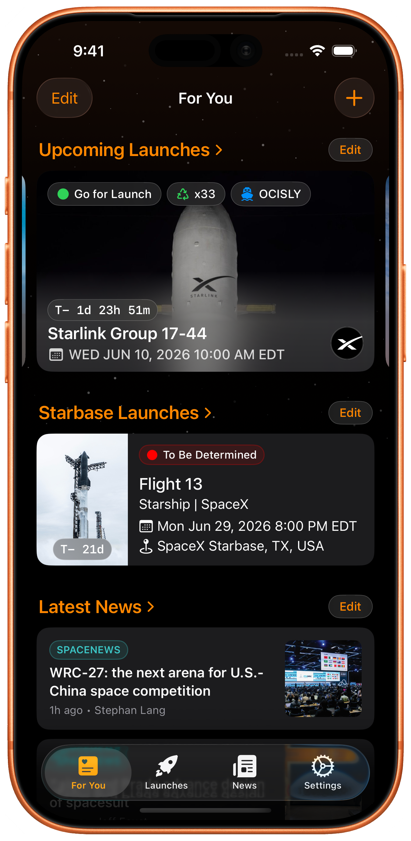 LaunchCraft app showing upcoming launches